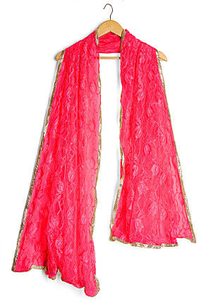 Woven Chantelle Net Dupatta in Coral Pink