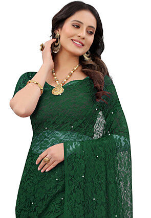 Woven Chantelle Net Saree in Green