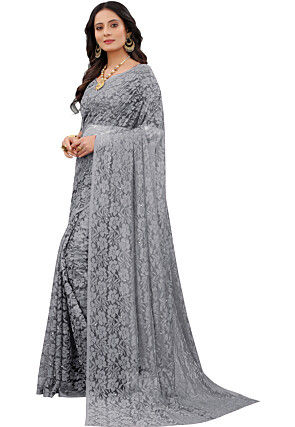 Woven Chantelle Net Saree in Grey