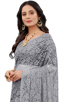 Woven Chantelle Net Saree in Grey