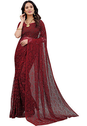 Woven Chantelle Net Saree in Maroon