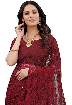 Woven Chantelle Net Saree in Maroon