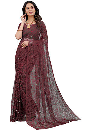 Woven Chantelle Net Saree in Maroon
