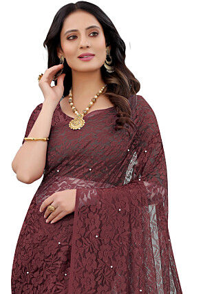 Woven Chantelle Net Saree in Maroon