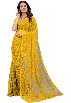 Woven Chantelle Net Saree in Mustard