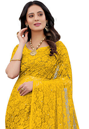 Woven Chantelle Net Saree in Mustard
