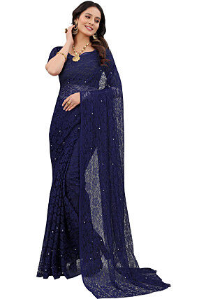 Woven Chantelle Net Saree in Navy Blue