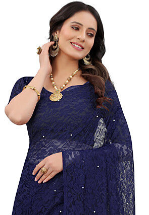 Woven Chantelle Net Saree in Navy Blue