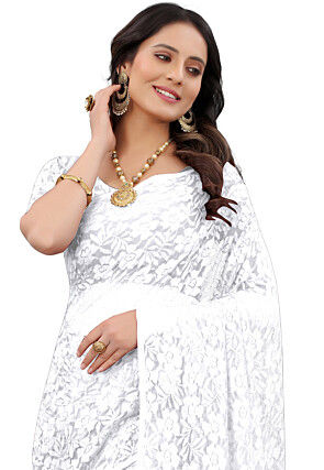 Woven Chantelle Net Saree in Off White