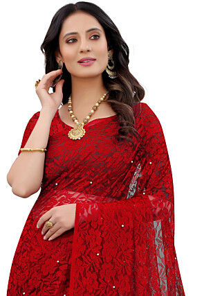 Woven Chantelle Net Saree in Red