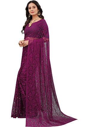 Woven Chantelle Net Saree in Wine
