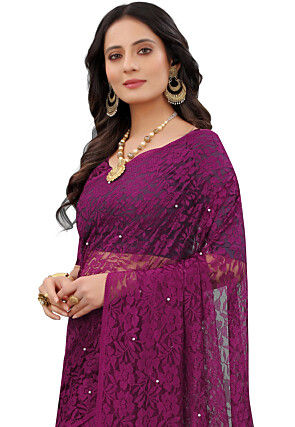 Woven Chantelle Net Saree in Wine