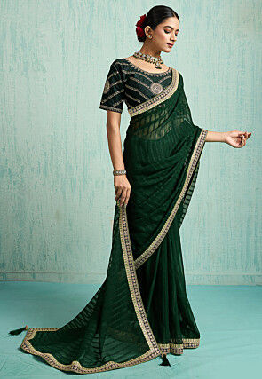 Woven Chiffon Jacquard Saree in Dark Green
