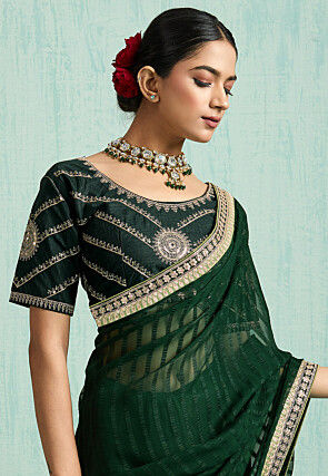 Woven Chiffon Jacquard Saree in Dark Green