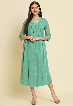 Woven Chiffon Dobby Midi Dress in Sea Green