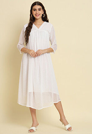 Woven Chiffon Dobby Midi Dress in White
