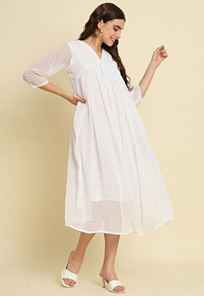 Woven Chiffon Dobby Midi Dress in White