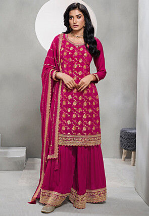 Woven Chinon Chiffon Jacquard Pakistani Suit in Fuchsia