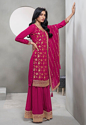 Woven Chinon Chiffon Jacquard Pakistani Suit in Fuchsia