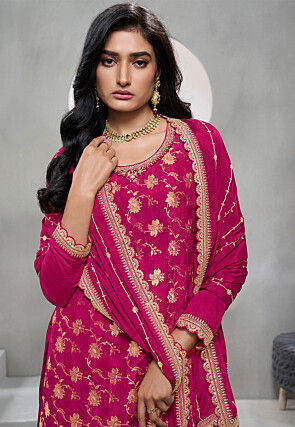 Woven Chinon Chiffon Jacquard Pakistani Suit in Fuchsia