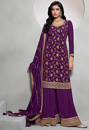 Woven Chinon Chiffon Jacquard Pakistani Suit in Purple