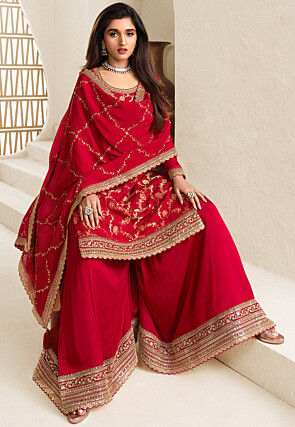 Woven Chinon Chiffon Jacquard Pakistani Suit in Red