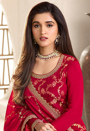 Woven Chinon Chiffon Jacquard Pakistani Suit in Red