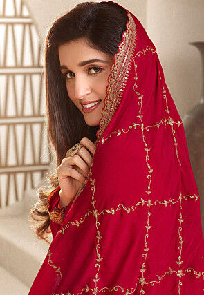 Woven Chinon Chiffon Jacquard Pakistani Suit in Red