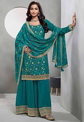 Woven Chinon Chiffon Jacquard Pakistani Suit in Teal Blue