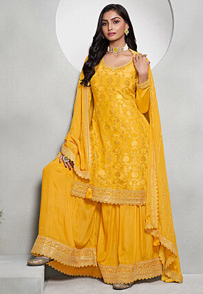 Woven Chinon Chiffon Jacquard Pakistani Suit in Yellow