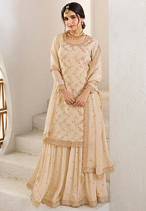 Woven Chinon Chiffon Pakistani Suit in Off White