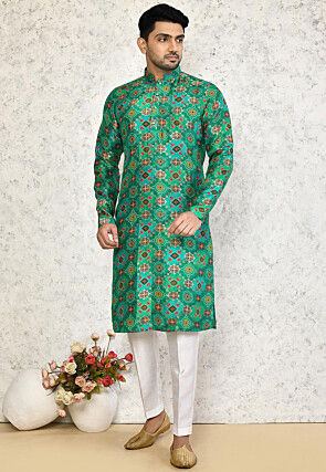 Woven Chinon Crepe Jacquard Kurta Set in Green