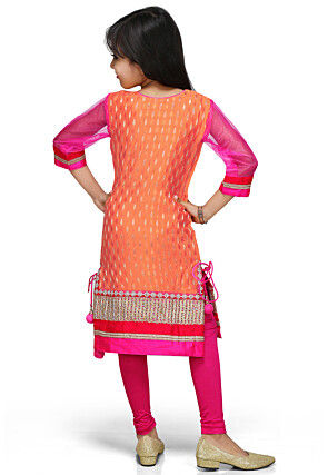 Woven Chinon Crepe Kurta Set in Peach