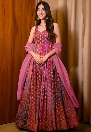 Woven Chinon Silk Abaya Style Suit in Multicolor