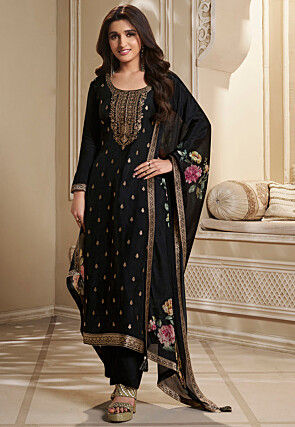 Woven Chinon Silk Pakistani Suit in Black