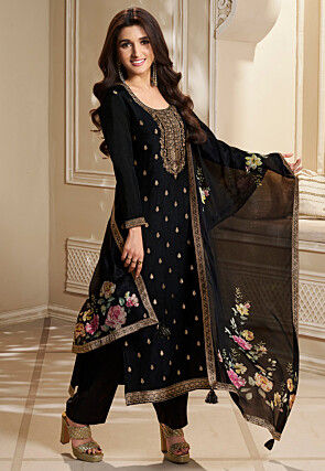 Woven Chinon Silk Pakistani Suit in Black