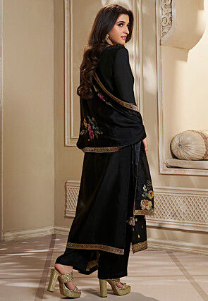 Woven Chinon Silk Pakistani Suit in Black
