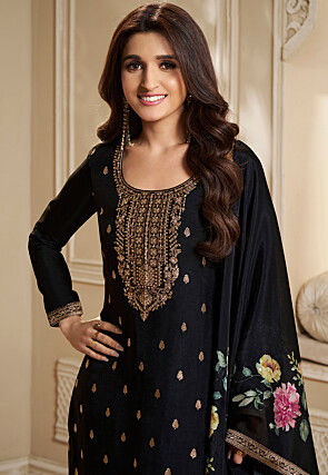 Woven Chinon Silk Pakistani Suit in Black