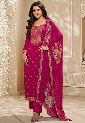 Woven Chinon Silk Pakistani Suit in Magenta