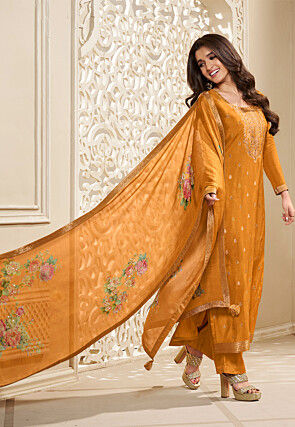 Woven Chinon Silk Pakistani Suit in Yellow