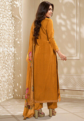 Woven Chinon Silk Pakistani Suit in Yellow