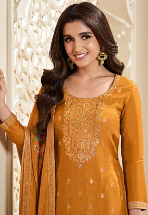 Woven Chinon Silk Pakistani Suit in Yellow