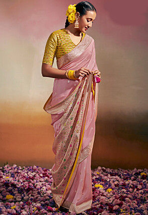 Woven Chinon Silk Saree in Pink