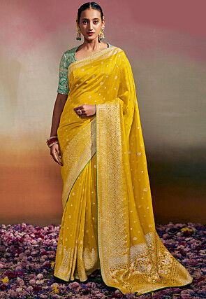Woven Chinon Silk Saree in Yellow