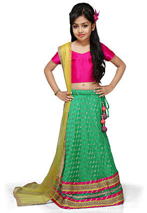 Woven Chinon Viscose Lehenga Set in Teal Green