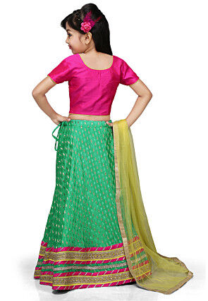 Woven Chinon Viscose Lehenga Set in Teal Green