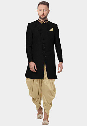 Woven Collar Velvet Sherwani in Black