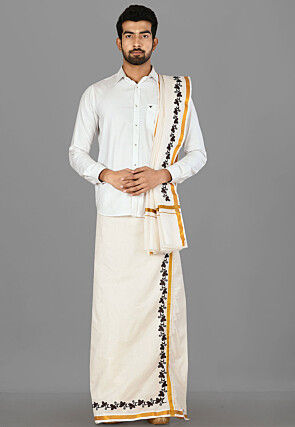 Woven Cotton Dhoti Angavastram Set in Off White
