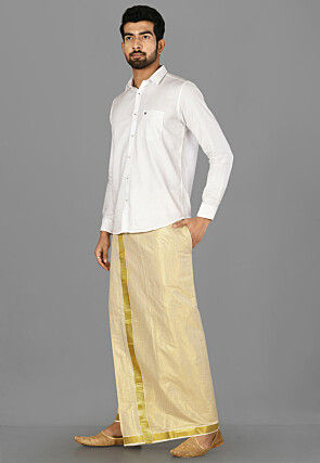 Woven Cotton Dhoti in Golden