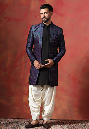 Woven Cotton Dhoti Kurta in Black